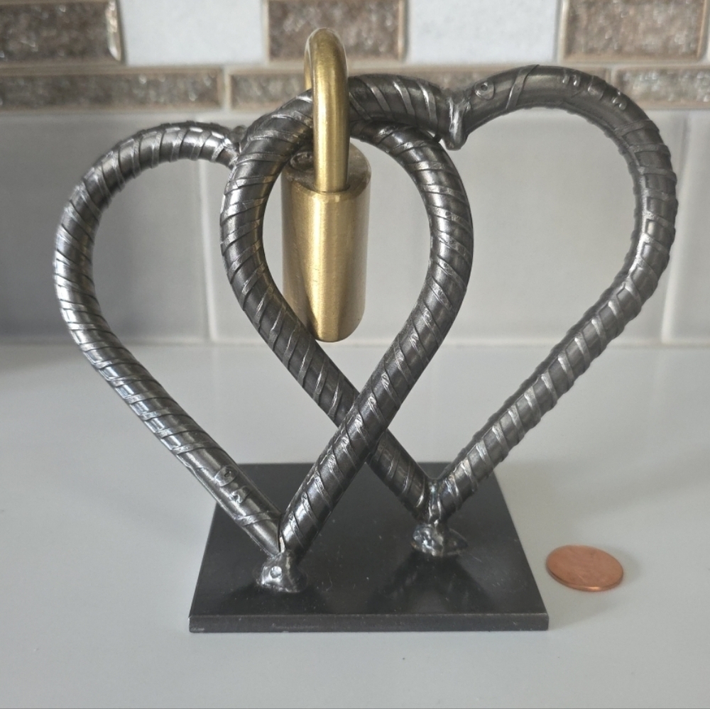 Handmade US Solid Steel Jewelry Stand Southwest Gas Brass Locked Double Hearts - Picture 3 of 12